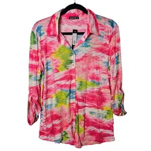 NWT David Cline‎ XL Snap Front Top Roll Tab 3/4 Sleeve Multicolor Crushed Shirt